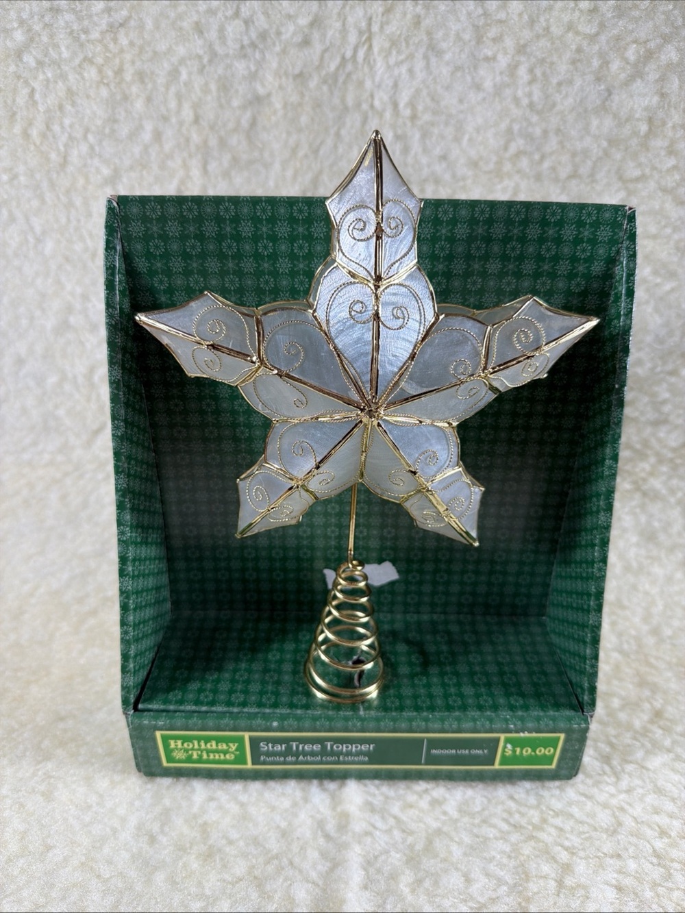 Vintage Holiday Time White and Gold Capiz Star Tree Topper